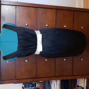 WHBM Solid Black Satin Evening, Cocktail Dress w/White Belt, Size 4
